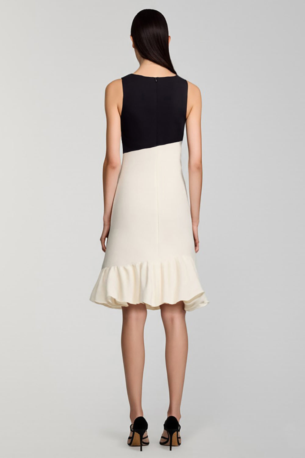 Black and White Satin Midi Bodycon Cocktail Dress with Ruffles