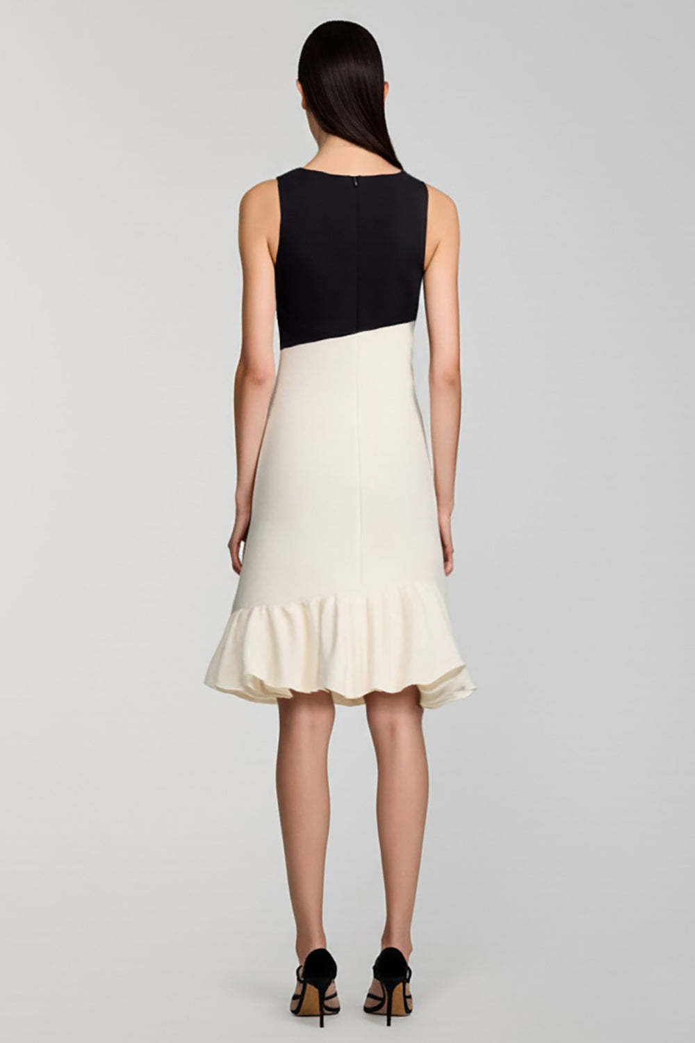 Black and White Satin Midi Bodycon Cocktail Dress with Ruffles