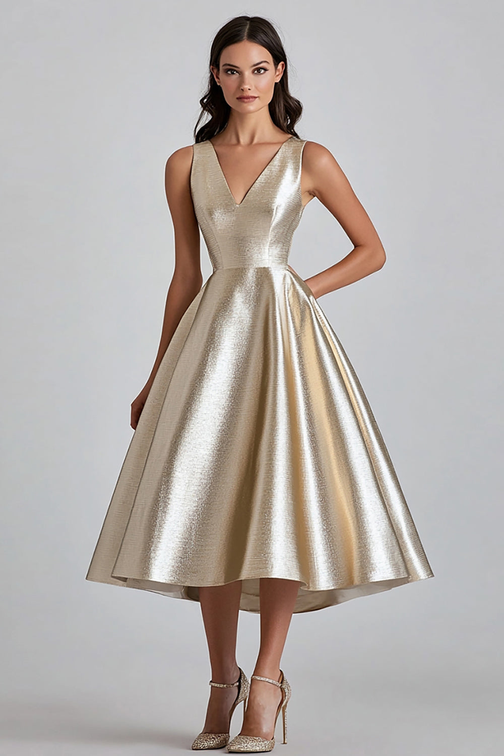 Leely Women Elegant Champagne A Line Midi Cocktail Dress V-Neck Semi Formal Dress