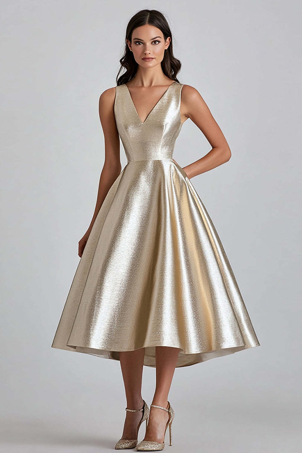 Leely Women Elegant Champagne A Line Midi Cocktail Dress V-Neck Semi Formal Dress
