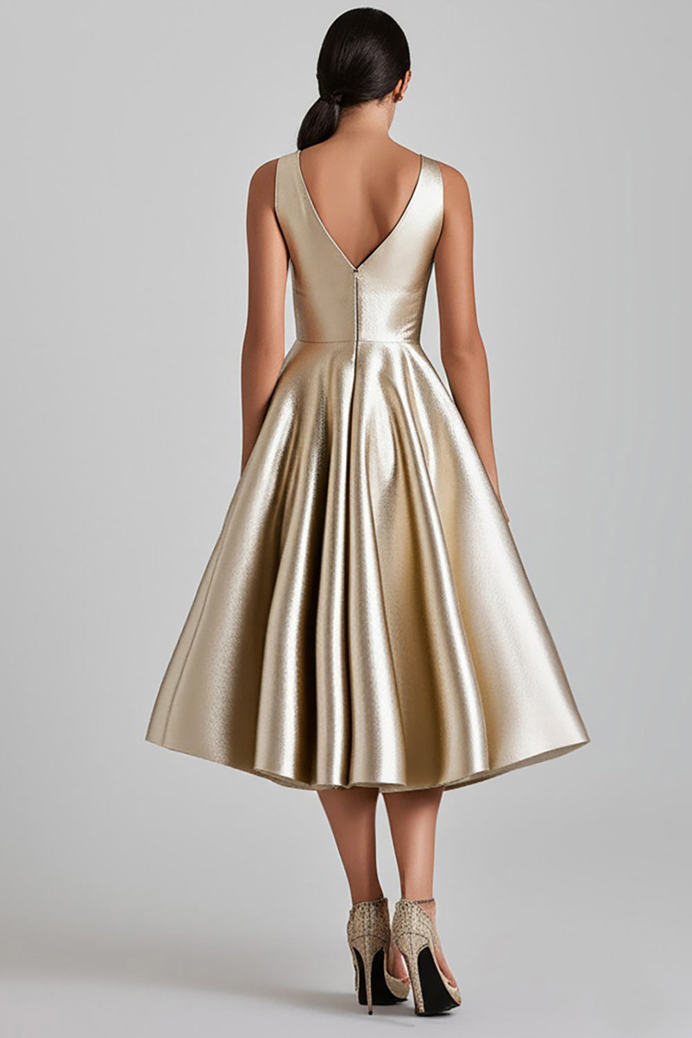 A Line Champagne V-Neck Midi Cocktail Dress