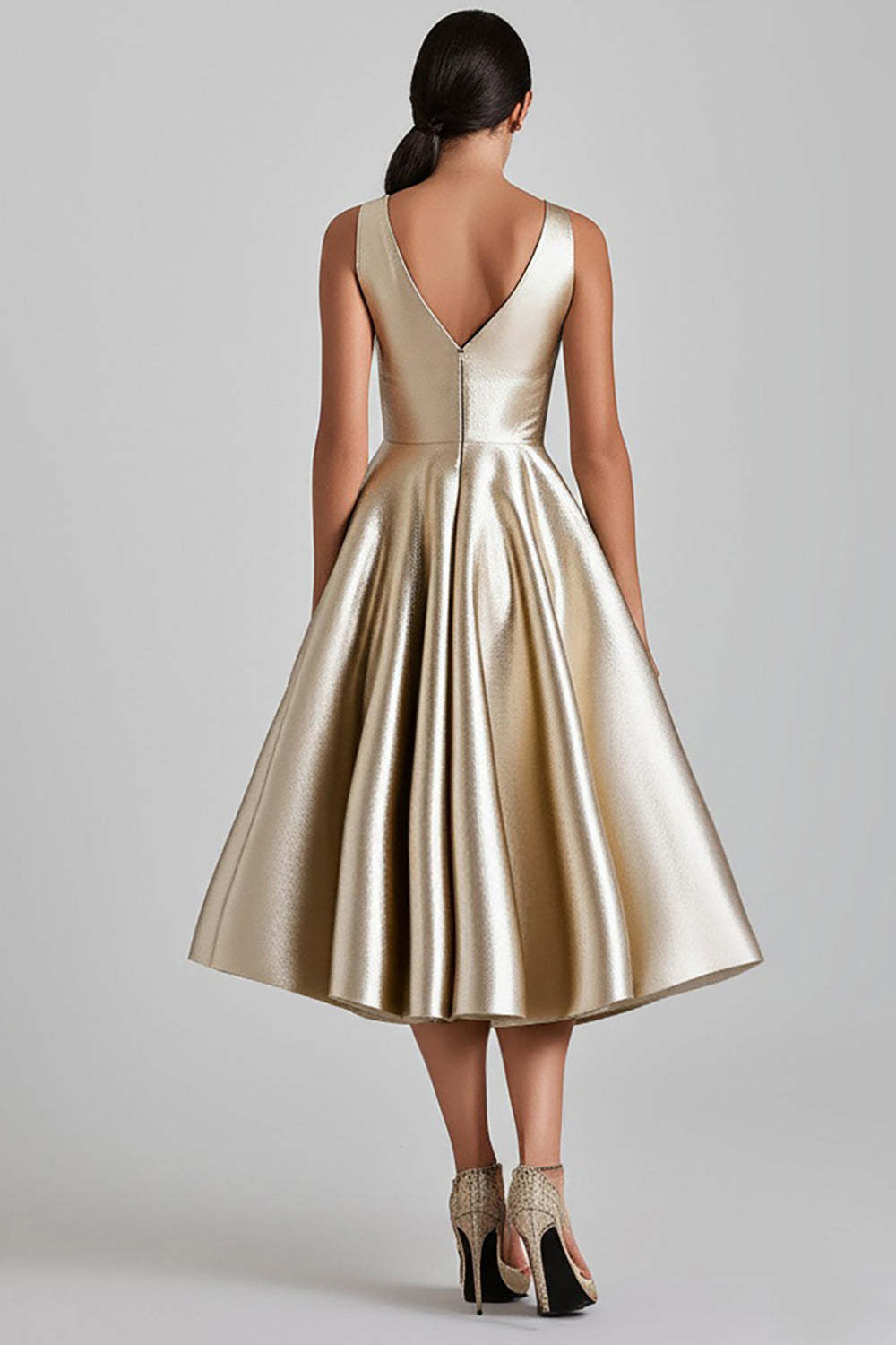 A Line Champagne V-Neck Midi Cocktail Dress