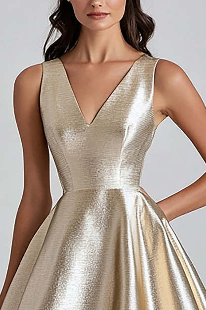 A Line Champagne V-Neck Midi Cocktail Dress
