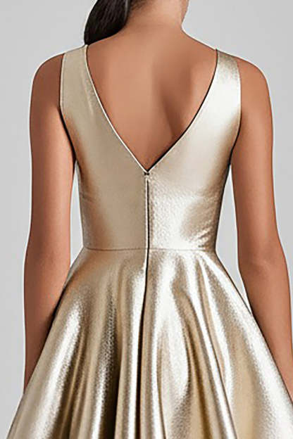 A Line Champagne V-Neck Midi Cocktail Dress