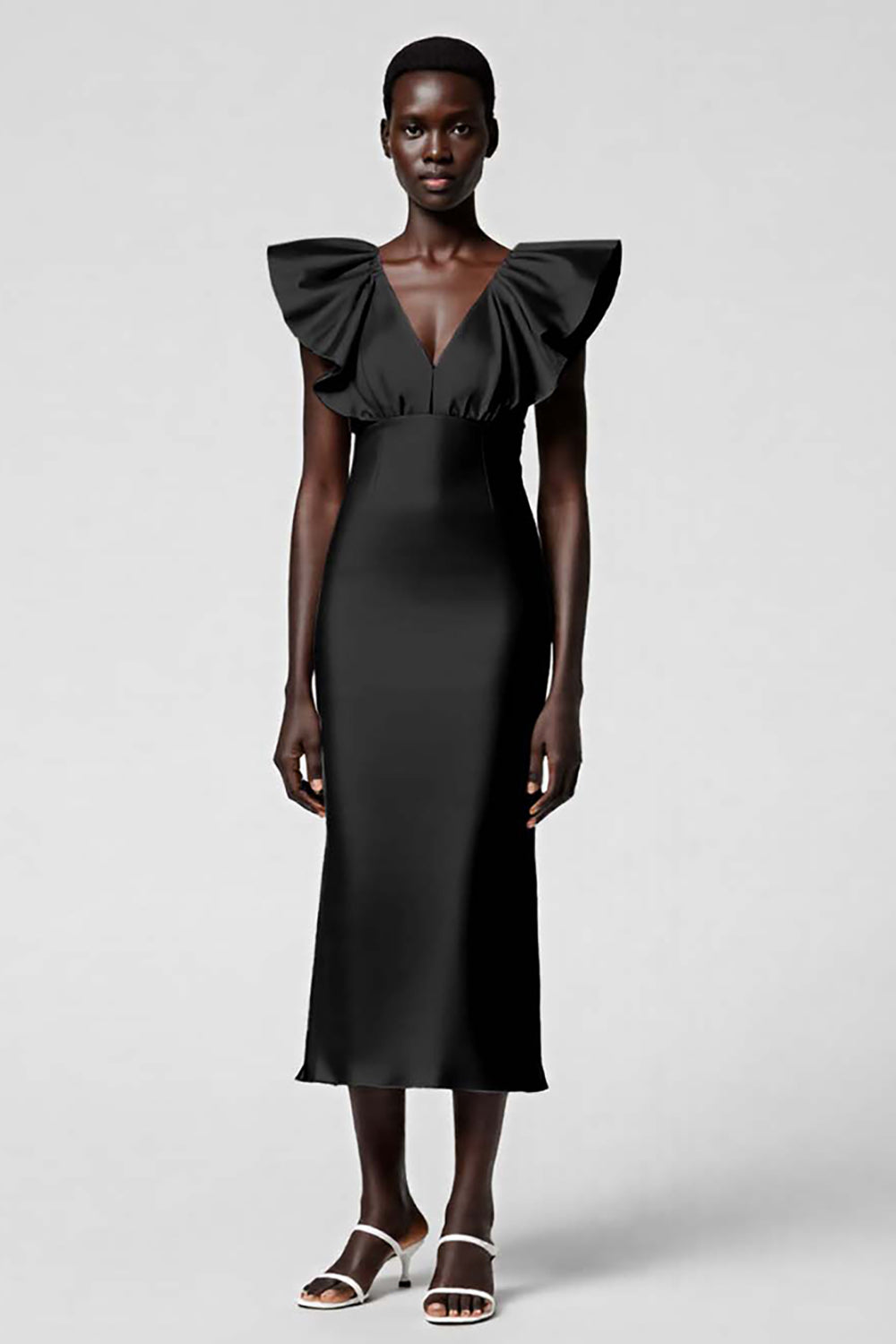 Black Satin V Neck Sheath Midi Cocktail Dress with Ruffles