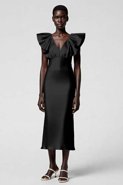 Black Satin V Neck Sheath Midi Cocktail Dress with Ruffles