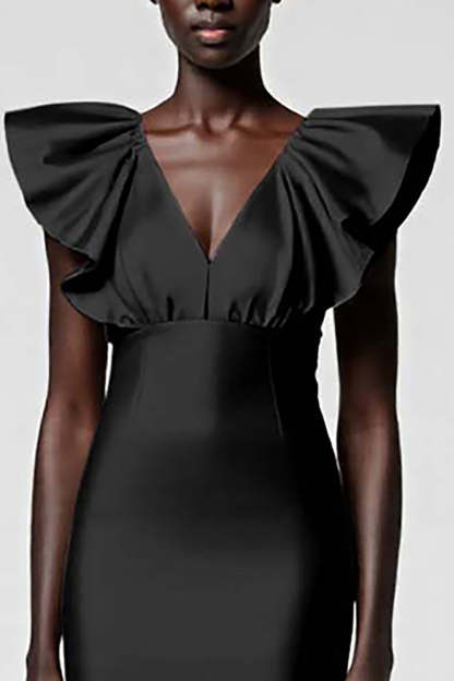 Black Satin V Neck Sheath Midi Cocktail Dress with Ruffles