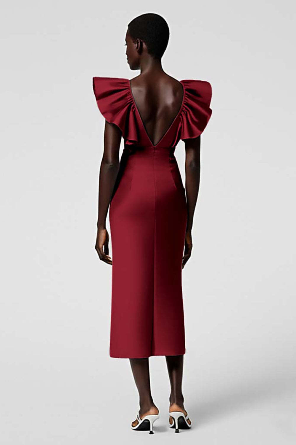 Black Satin V Neck Sheath Midi Cocktail Dress with Ruffles