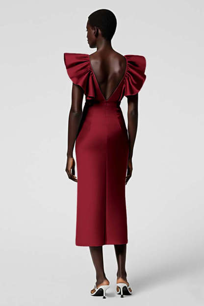 Black Satin V Neck Sheath Midi Cocktail Dress with Ruffles