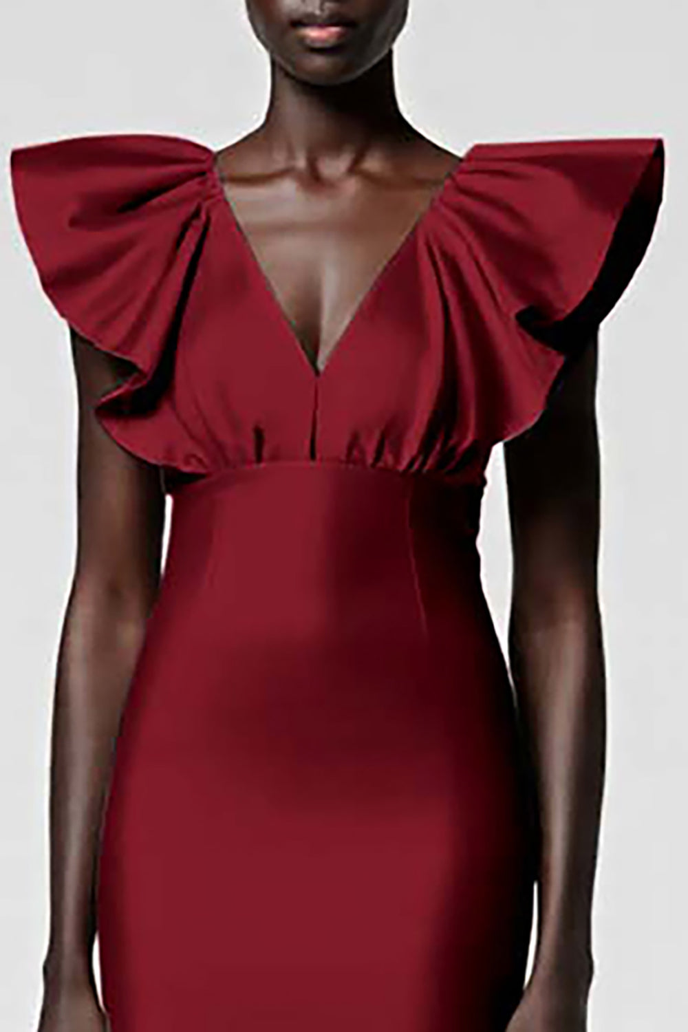 Black Satin V Neck Sheath Midi Cocktail Dress with Ruffles