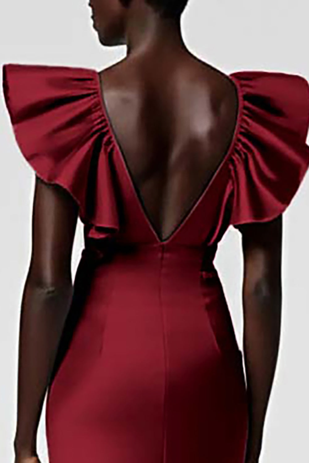 Black Satin V Neck Sheath Midi Cocktail Dress with Ruffles