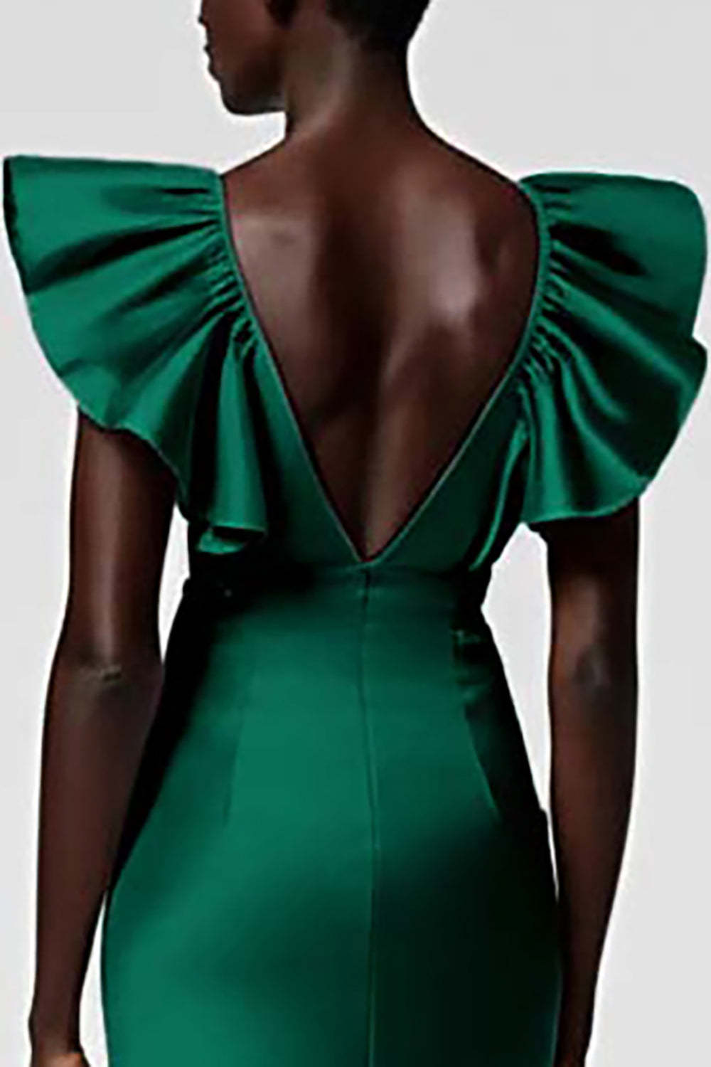 Black Satin V Neck Sheath Midi Cocktail Dress with Ruffles