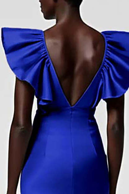 Black Satin V Neck Sheath Midi Cocktail Dress with Ruffles