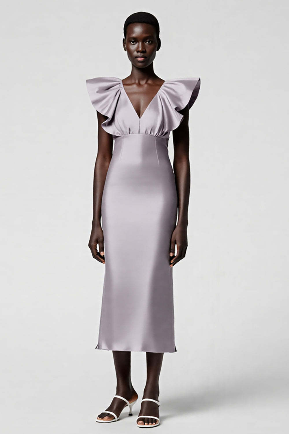 Leely Women Black Satin Midi Cocktail Dress with Ruffles Sheath V-Neck Cap Sleeves Formal Dress