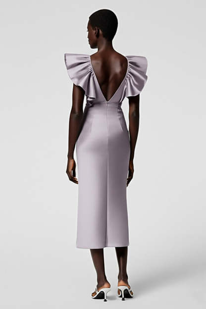 Black Satin V Neck Sheath Midi Cocktail Dress with Ruffles