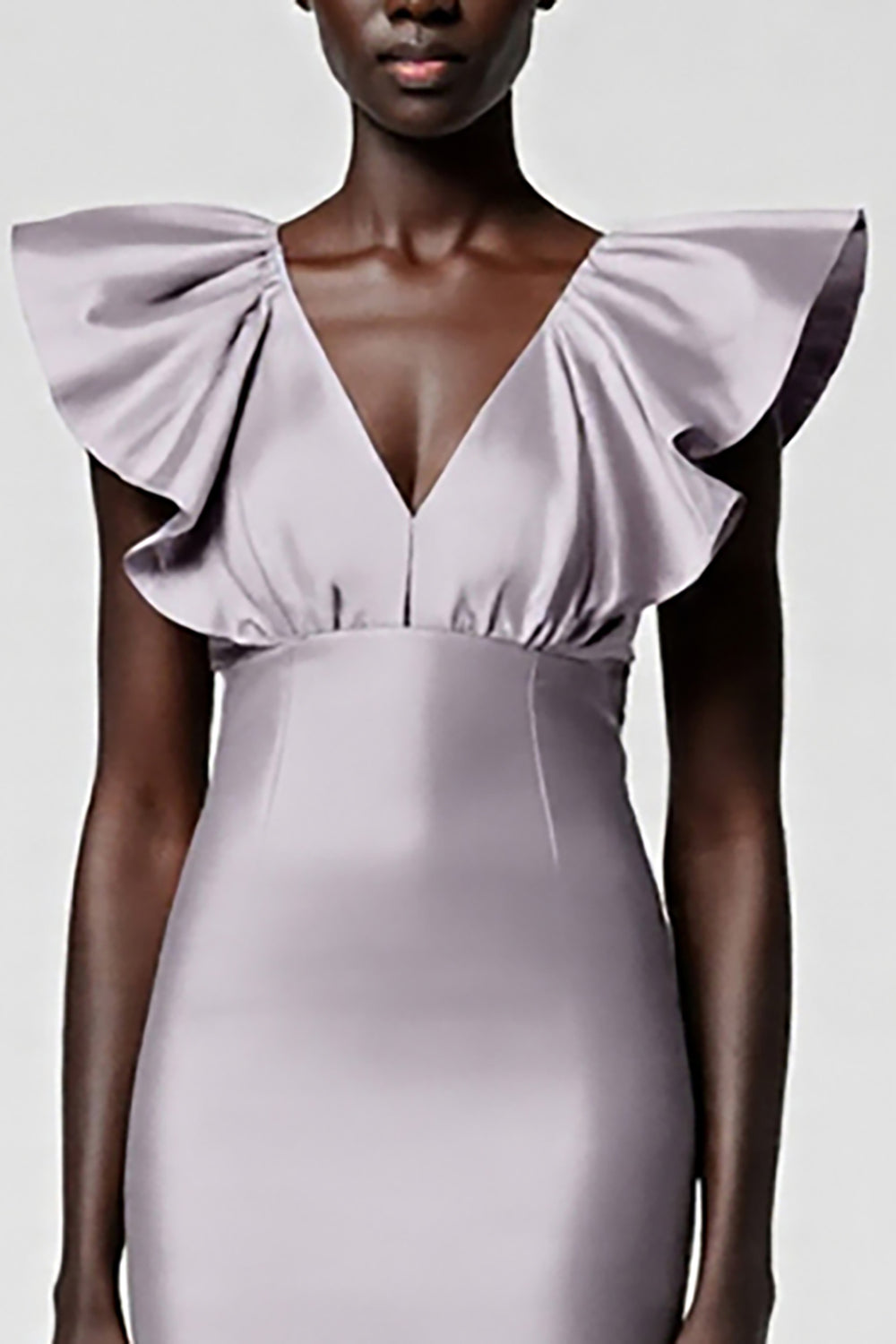 Black Satin V Neck Sheath Midi Cocktail Dress with Ruffles