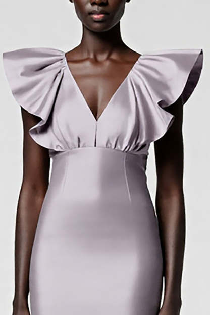 Black Satin V Neck Sheath Midi Cocktail Dress with Ruffles