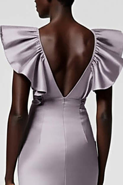 Black Satin V Neck Sheath Midi Cocktail Dress with Ruffles