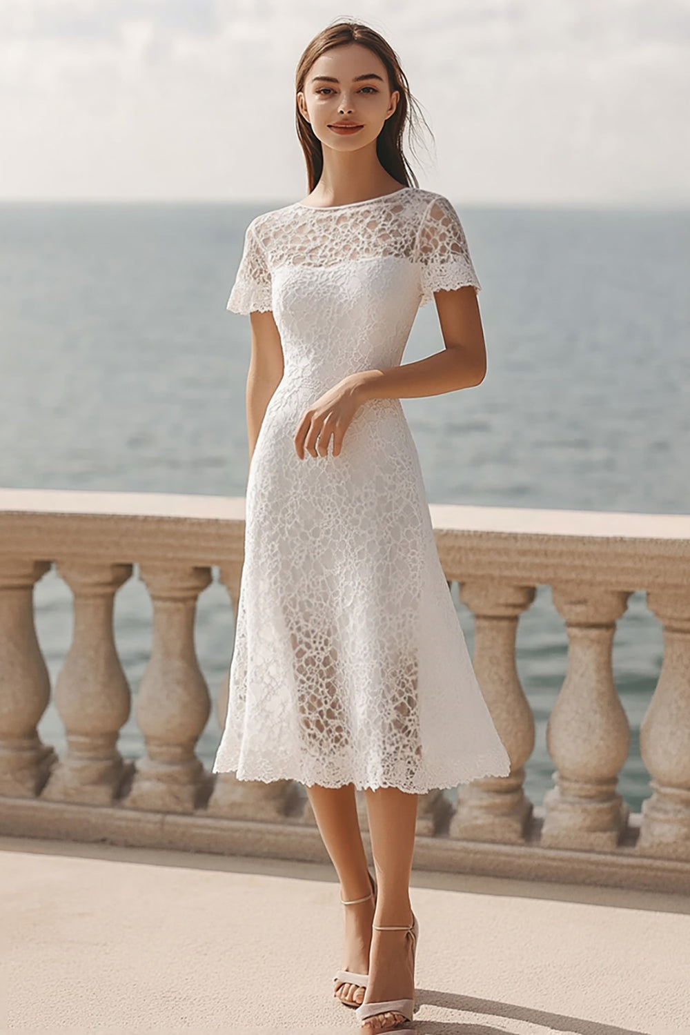 Leely Women Ivory Lace Maxi Rehearsal Dinner Dress with Sleeves Boat Neck A Line Engagement Dress