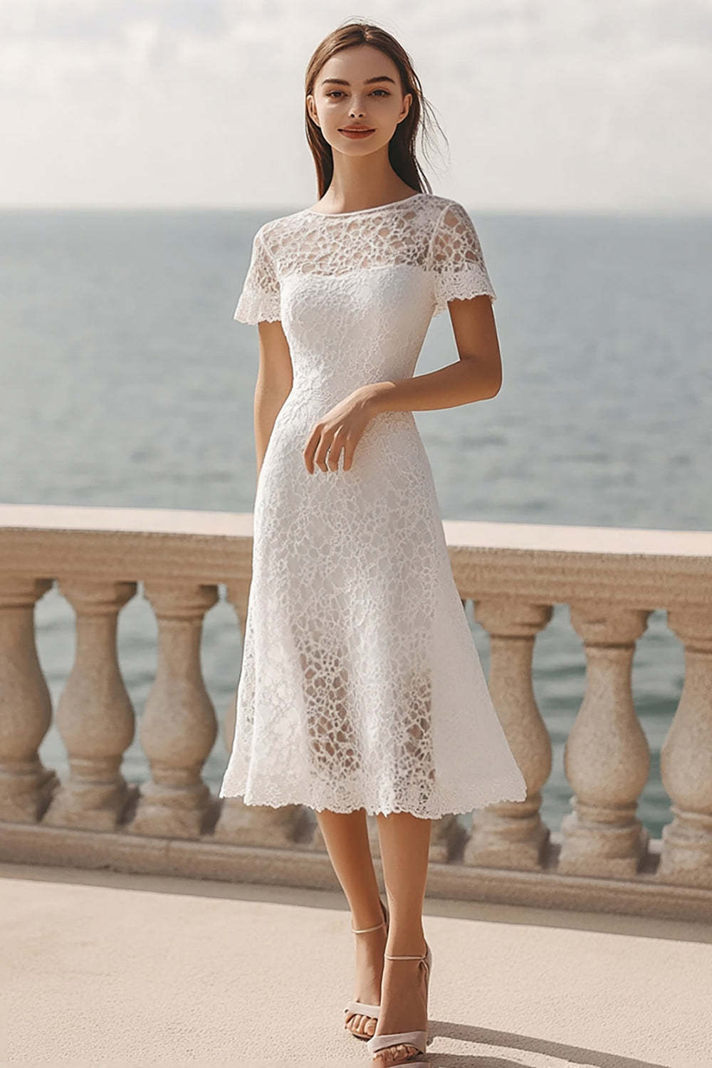 Leely Women Ivory Lace Maxi Rehearsal Dinner Dress with Sleeves Boat Neck A Line Engagement Dress