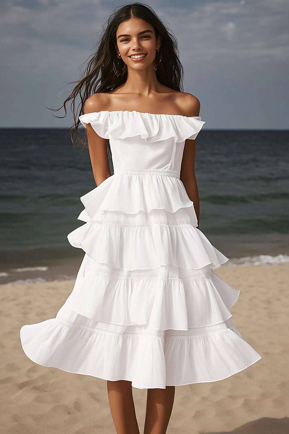 Leely Women Ivory Tiered Midi Beach Engagement Dress with Ruffles Off the Shoulder A Line Wedding Reception Dress