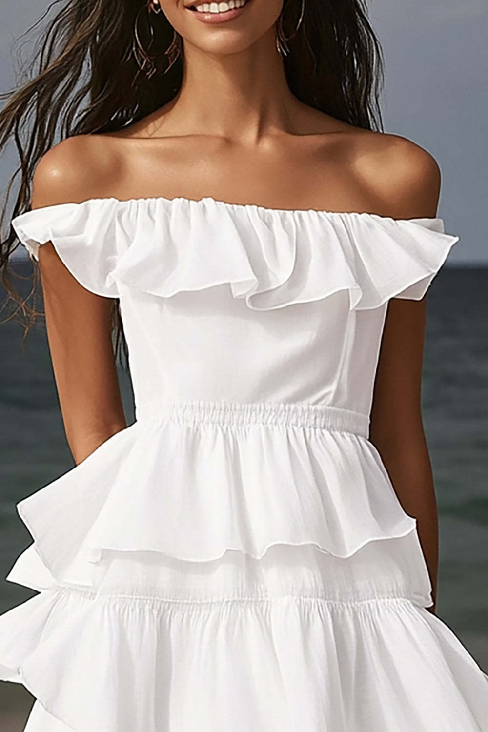 Ivory Midi Tiered Beach Engagement Dress with Ruffles