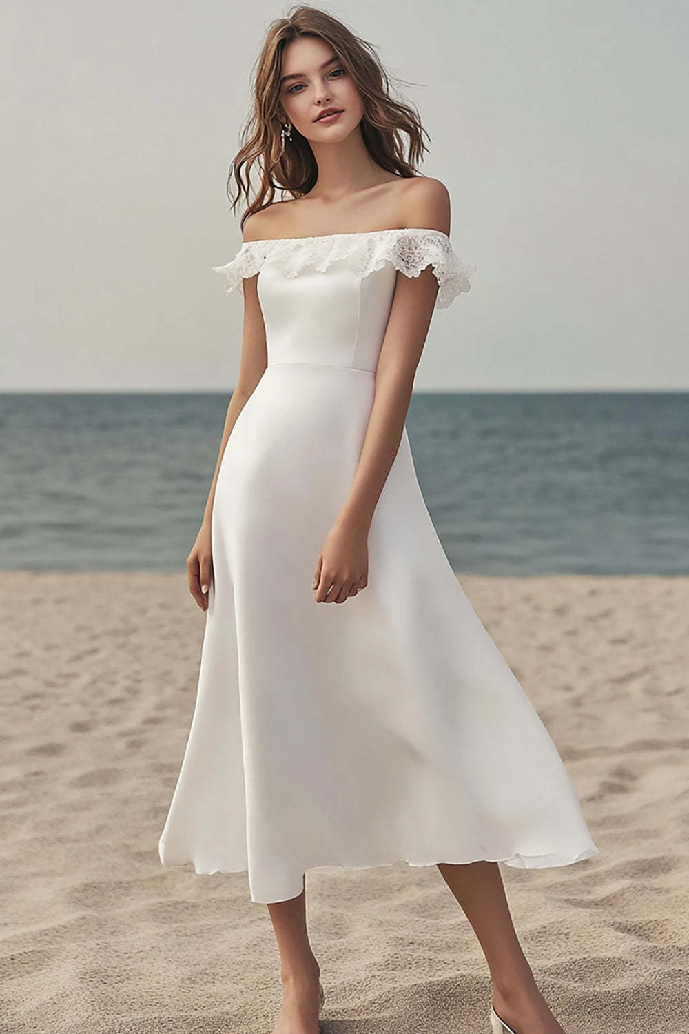 Leely Women Ivory Satin Maxi Wedding Reception Dress with Lace Off the Shoulder A Line Engagement Dress