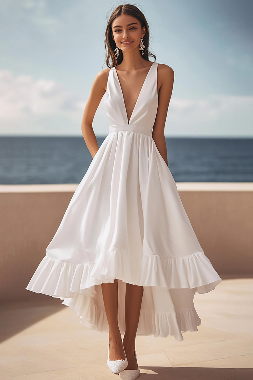Ivory Deep V-Neck Satin Maxi Engagement Dress
