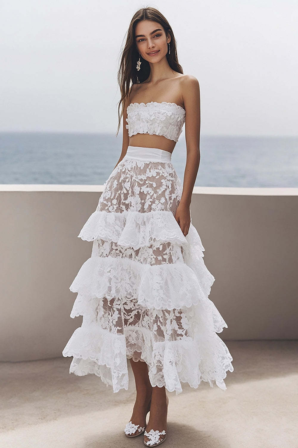 Leely Women Ivory Lace 2 Piece Maxi Rehearsal Dinner Dress Strapless Tiered A Line Wedding Reception Dress with Ruffles