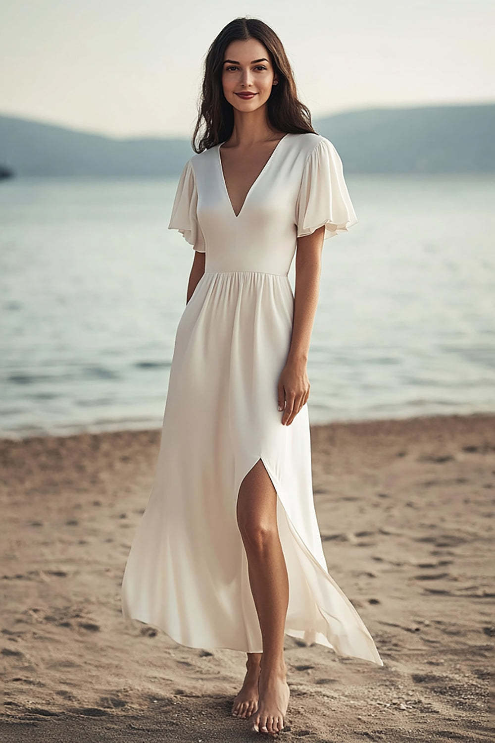 Leely Women Ivory Chiffon Maxi Beach Engagement Dress with Slit V-Neck Short Sleeves A Line Rehearsal Dinner Dress