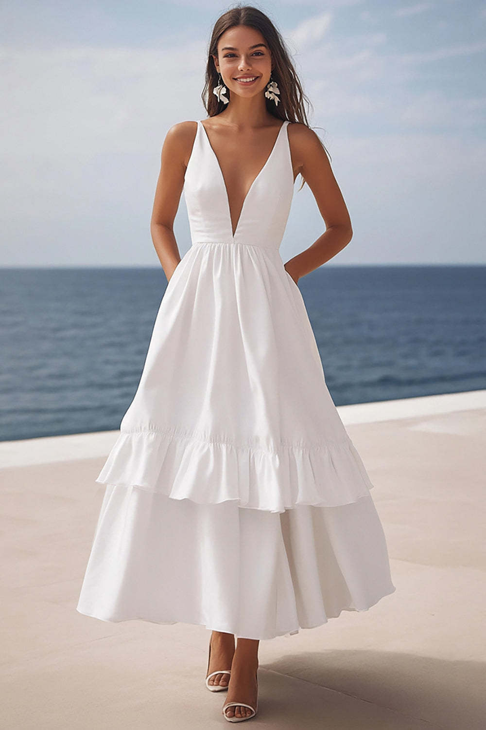 Leely Women Ivory Satin Maxi Rehearsal Dinner Dress with Ruffles Deep V-Neck Tiered A Line Wedding Reception Dress