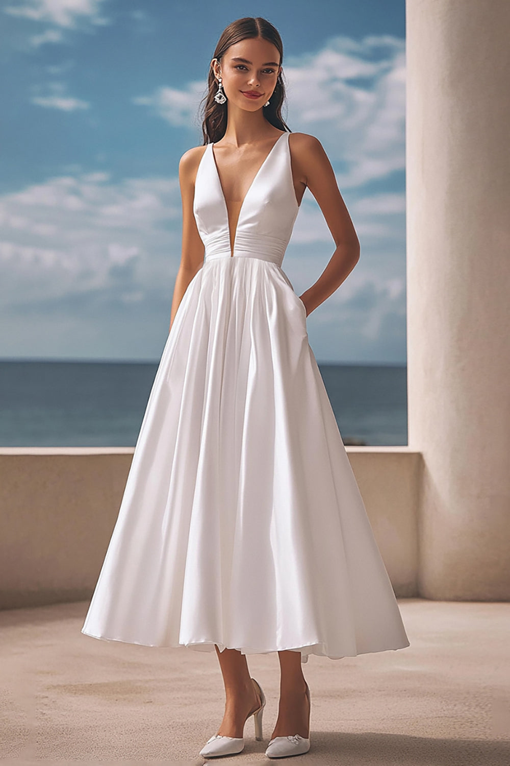 Leely Women Ivory Satin Maxi Wedding Reception Dress with Pockets A Line Deep V-Neck Rehearsal Dinner Dress