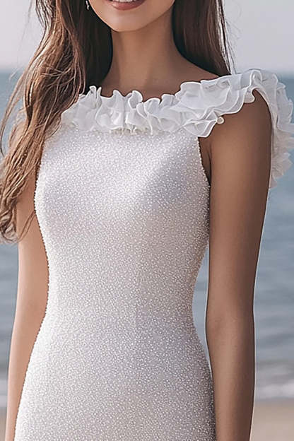 Sparkly Ivory Bodycon Sequin Ruffled Midi Engagement Dress
