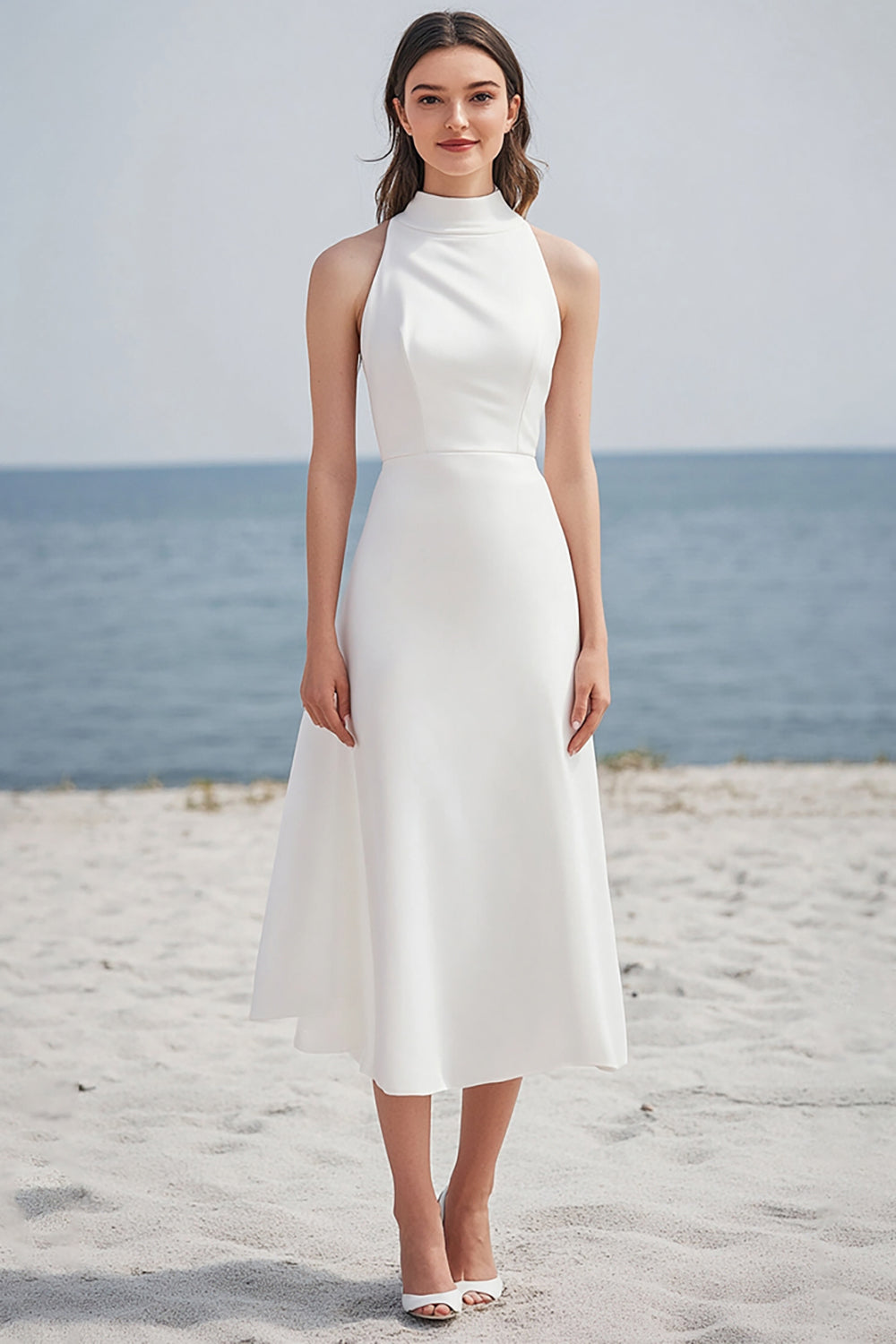 Ivory High Neck Satin Maxi Rehearsal Dinner Dress