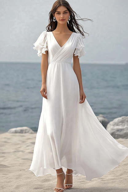Leely Women Ivory Beach Chiffon Maxi Wedding Reception Dress with Sleeves V-Neck Ruched A Line Engagement Dress with Ruffles