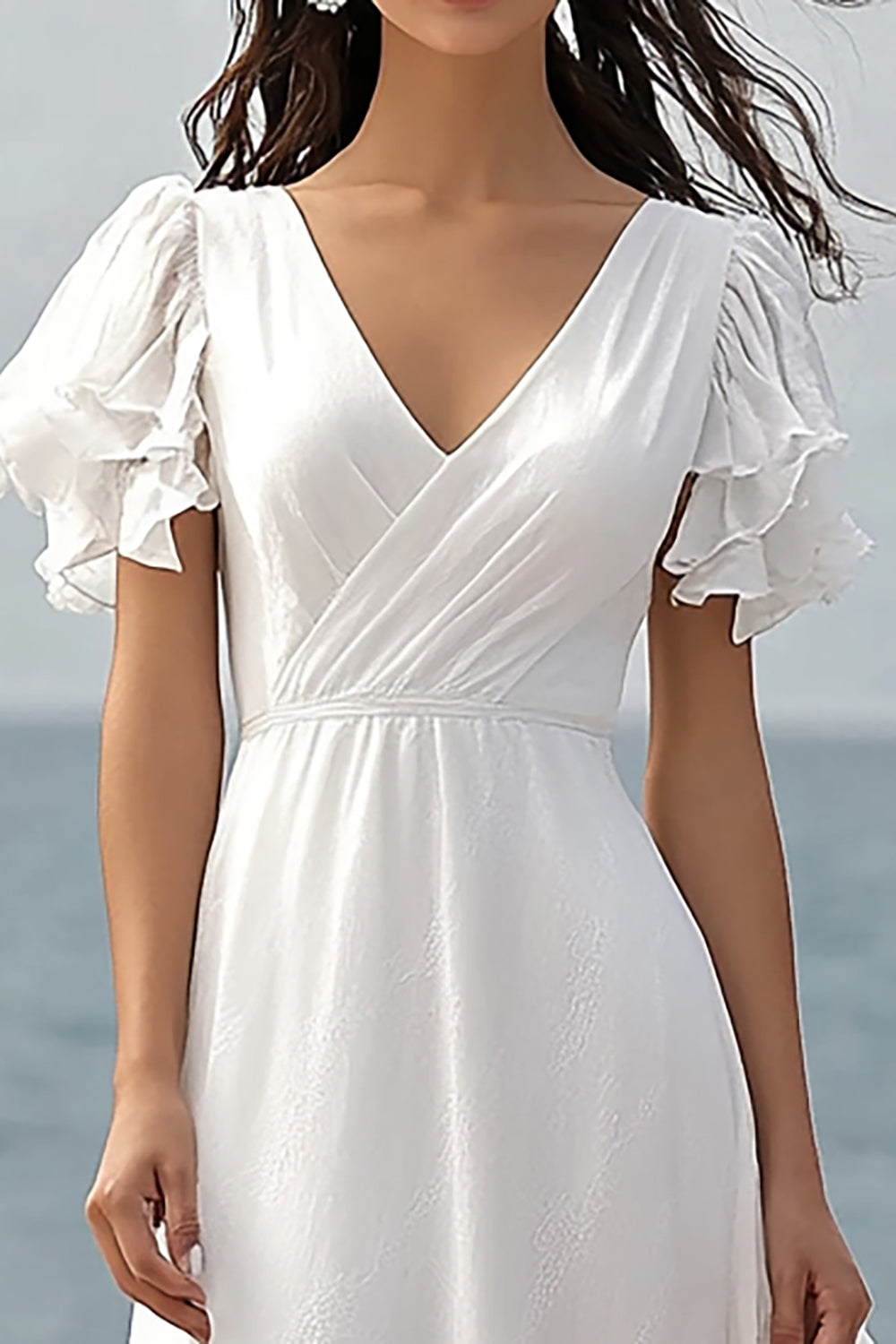 Ivory Chiffon Ruffled Beach Maxi Wedding Reception Dress with Sleeves