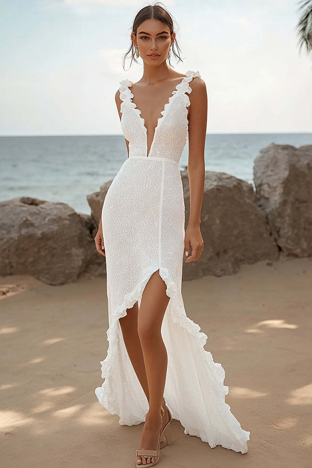Leely Women Ivory Lace High-Low Rehearsal Dinner Dress with Ruffles Deep V-Neck Sheath Engagement Dress