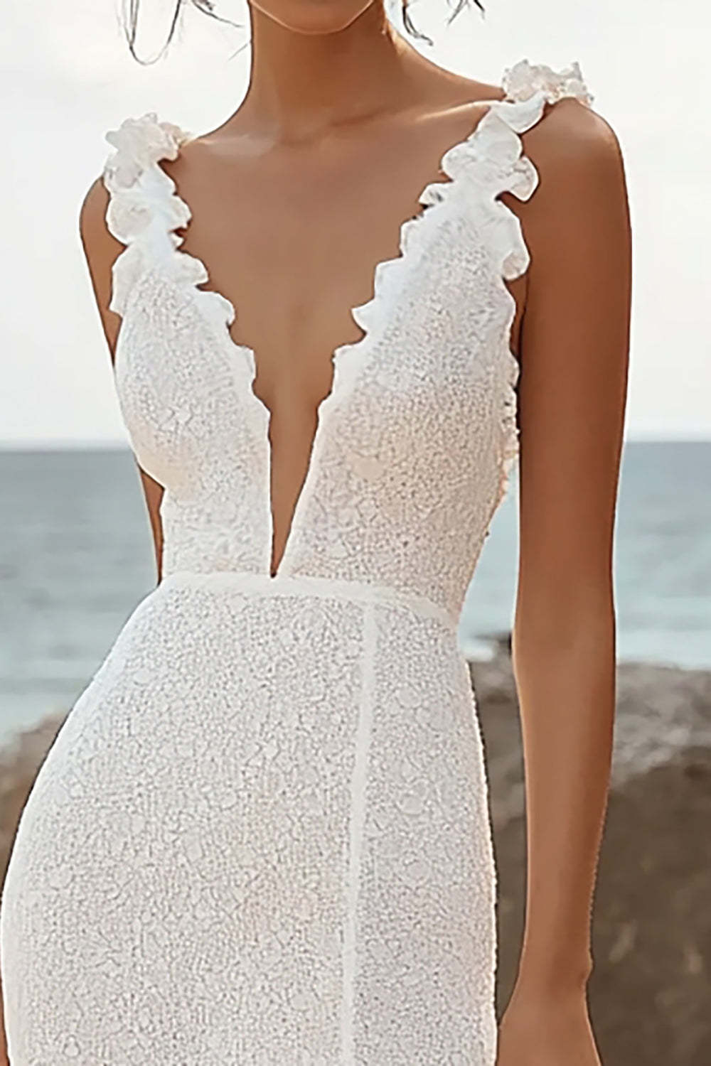 Ivory Deep V-Neck Lace High-Low Rehearsal Dinner Dress with Ruffles