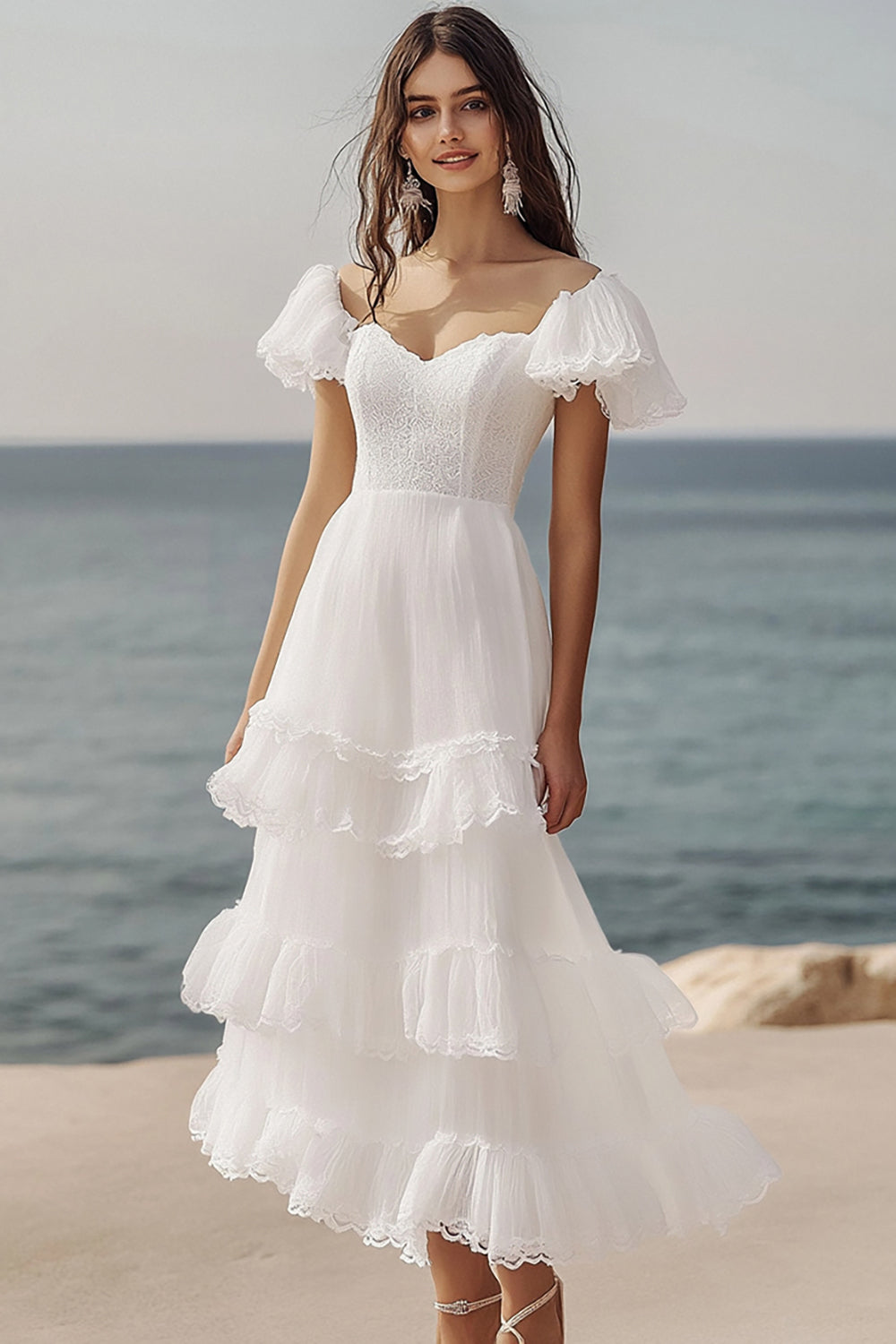 Leely Women Ivory Beach Maxi Engagement Dress with Lace Tiered Short Sleeves A Line Rehearsal Dinner Dress with Ruffles