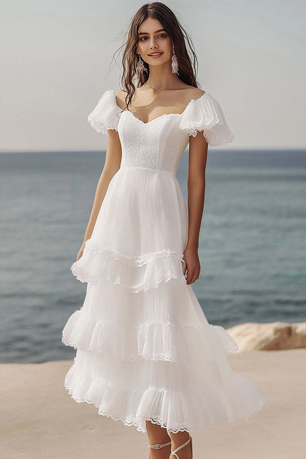 Leely Women Ivory Beach Maxi Engagement Dress with Lace Tiered Short Sleeves A Line Rehearsal Dinner Dress with Ruffles