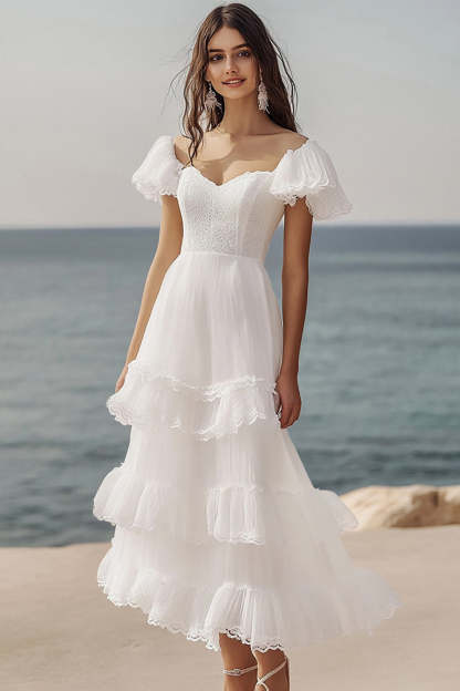 Leely Women Ivory Beach Maxi Engagement Dress with Lace Tiered Short Sleeves A Line Rehearsal Dinner Dress with Ruffles