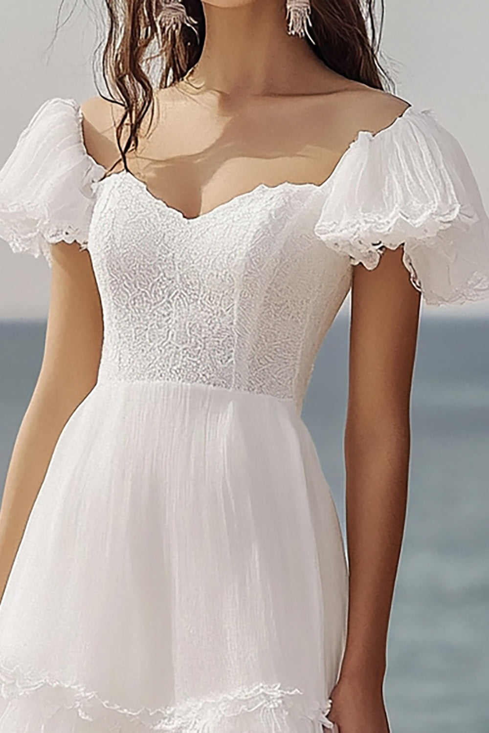 Ivory Beach Ruffled Maxi Engagement Dress with Lace