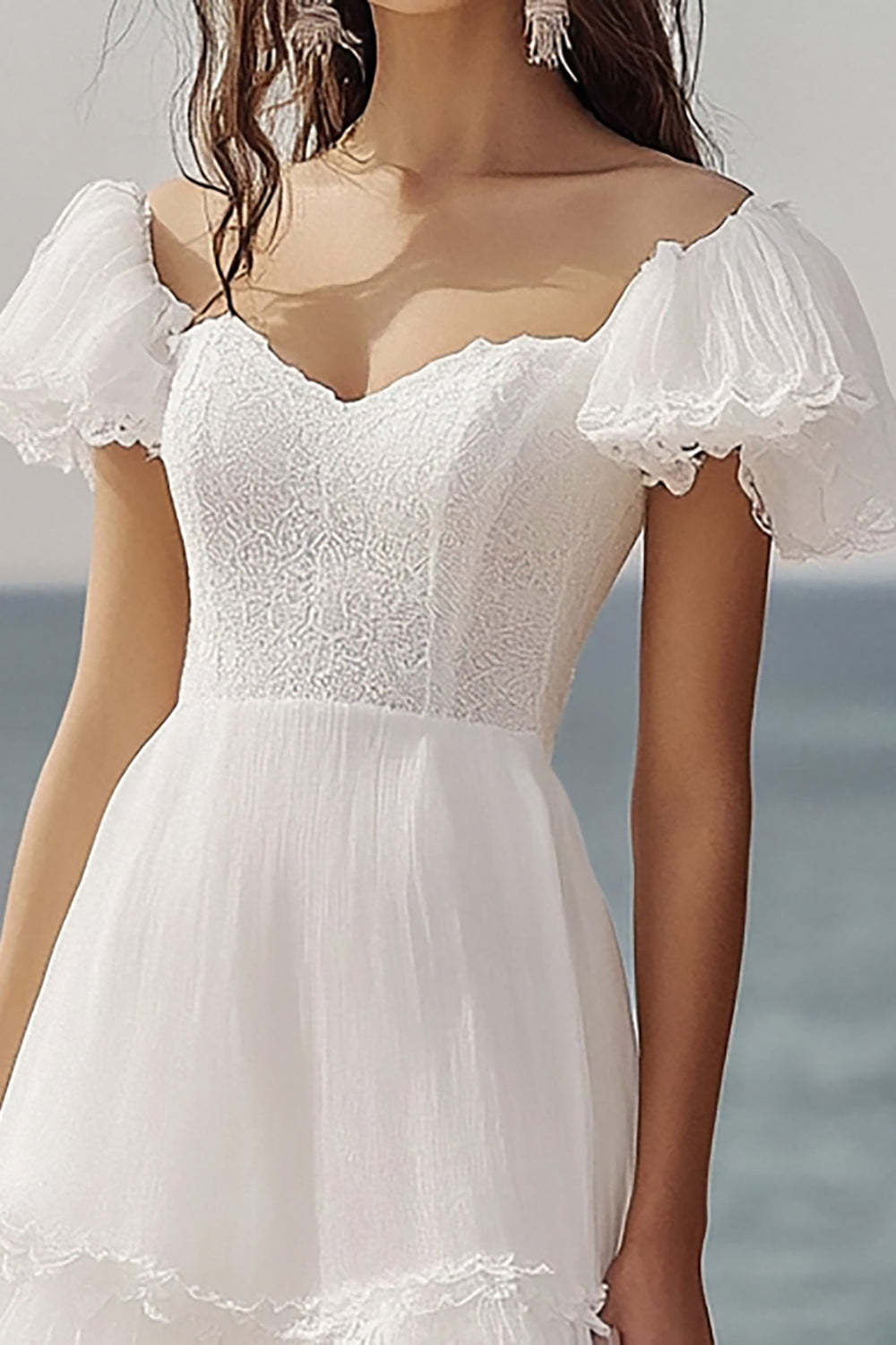 Ivory Beach Ruffled Maxi Engagement Dress with Lace