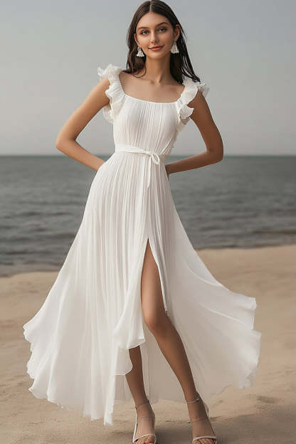 Leely Women Ivory Beach Maxi Engagement Dress with Sash Pleated Chiffon A Line Scoop Neck Ruffled Rehearsal Dinner Dress with Slit