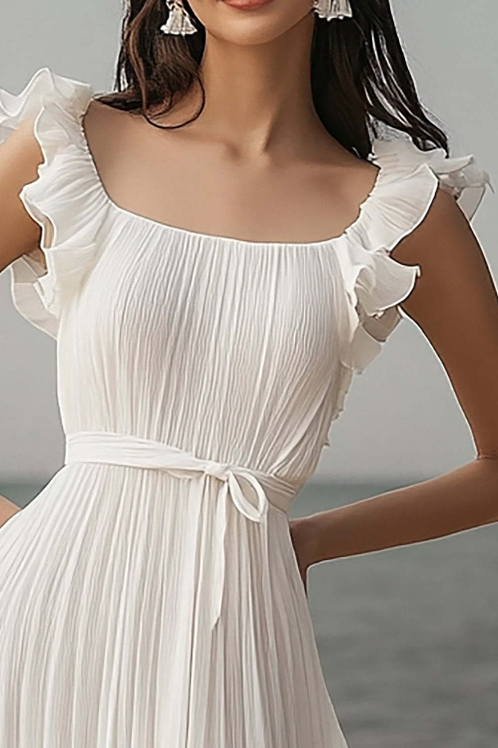 Ivory Chiffon Pleated Ruffled Beach Maxi Engagement Dress with Sash