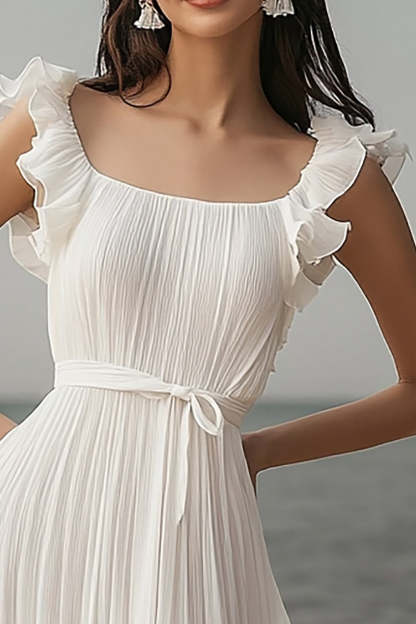 Ivory Chiffon Pleated Ruffled Beach Maxi Engagement Dress with Sash
