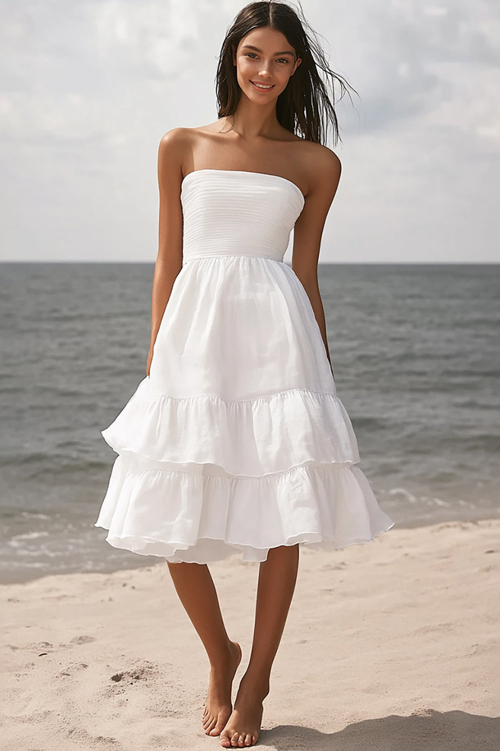 Leely Women Ivory Beach Midi Engagement Dress with Ruffles Tiered Strapless A Line Ruched Bridal Shower Dress