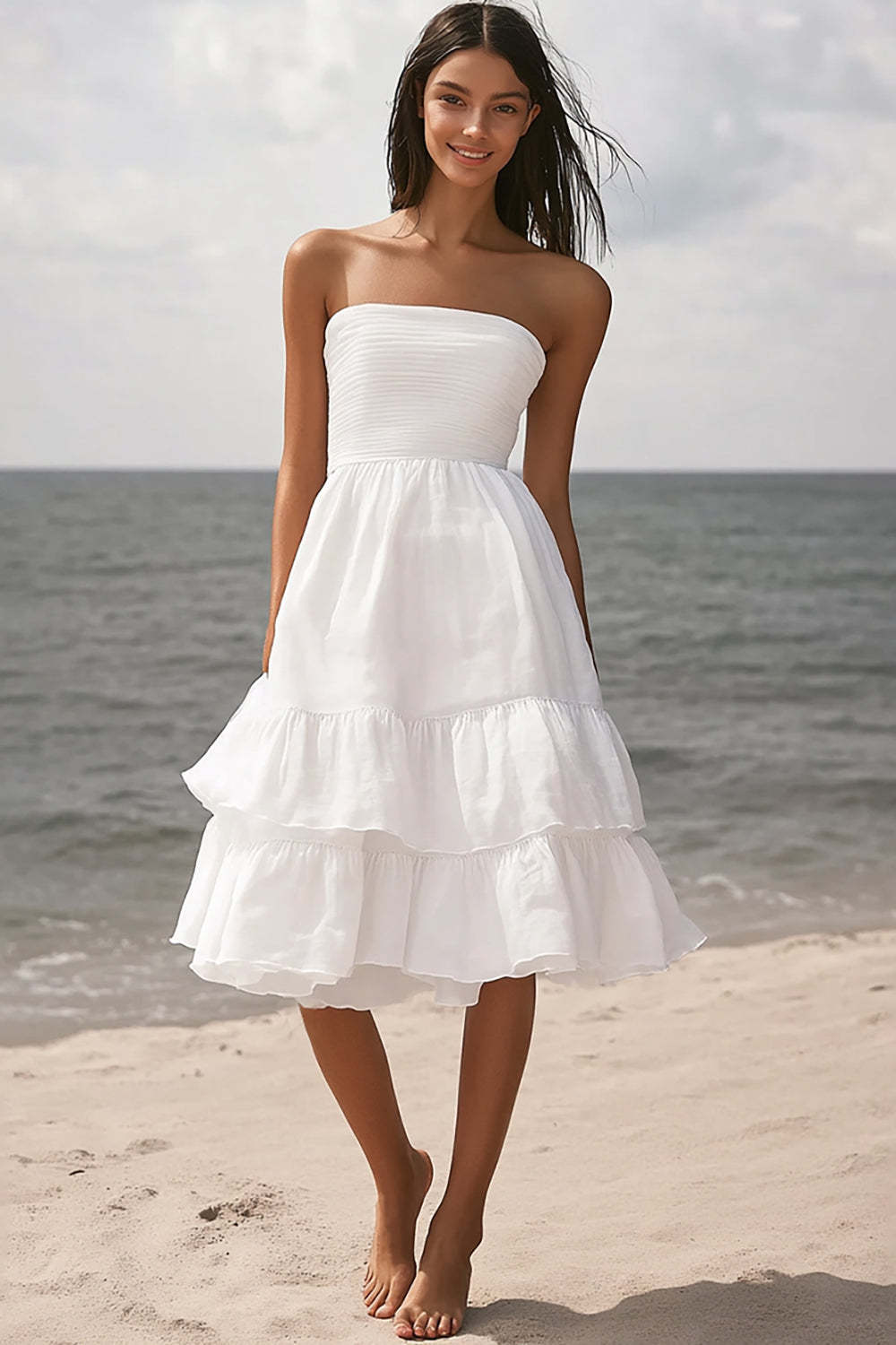 Leely Women Ivory Beach Midi Engagement Dress with Ruffles Tiered Strapless A Line Ruched Bridal Shower Dress
