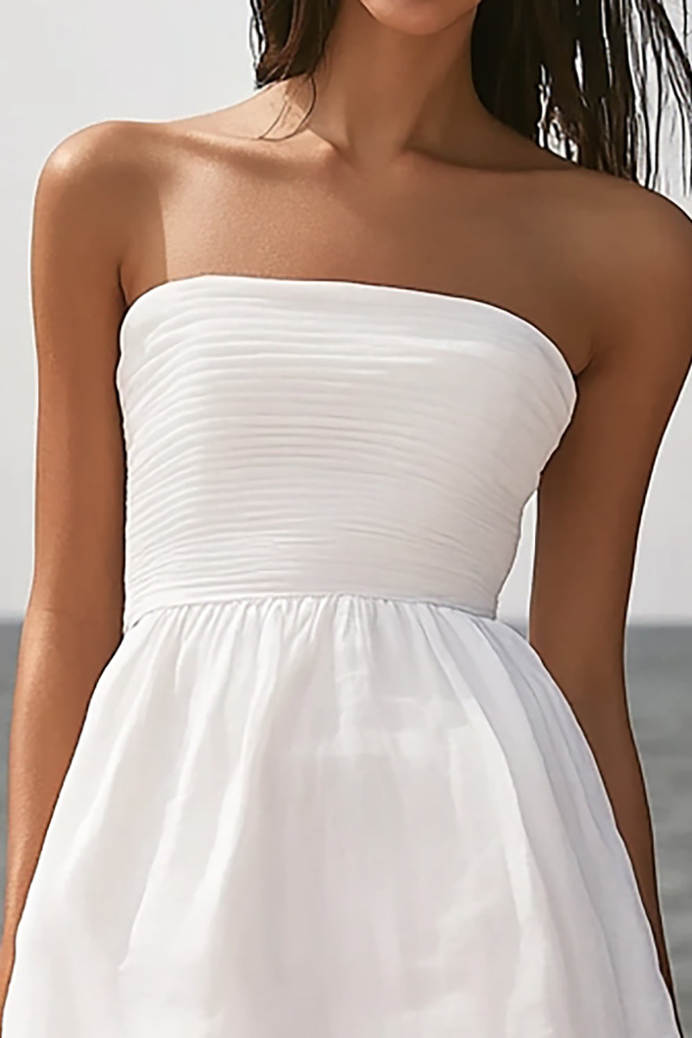 Strapless Ivory Beach Midi Engagement Dress with Ruffles
