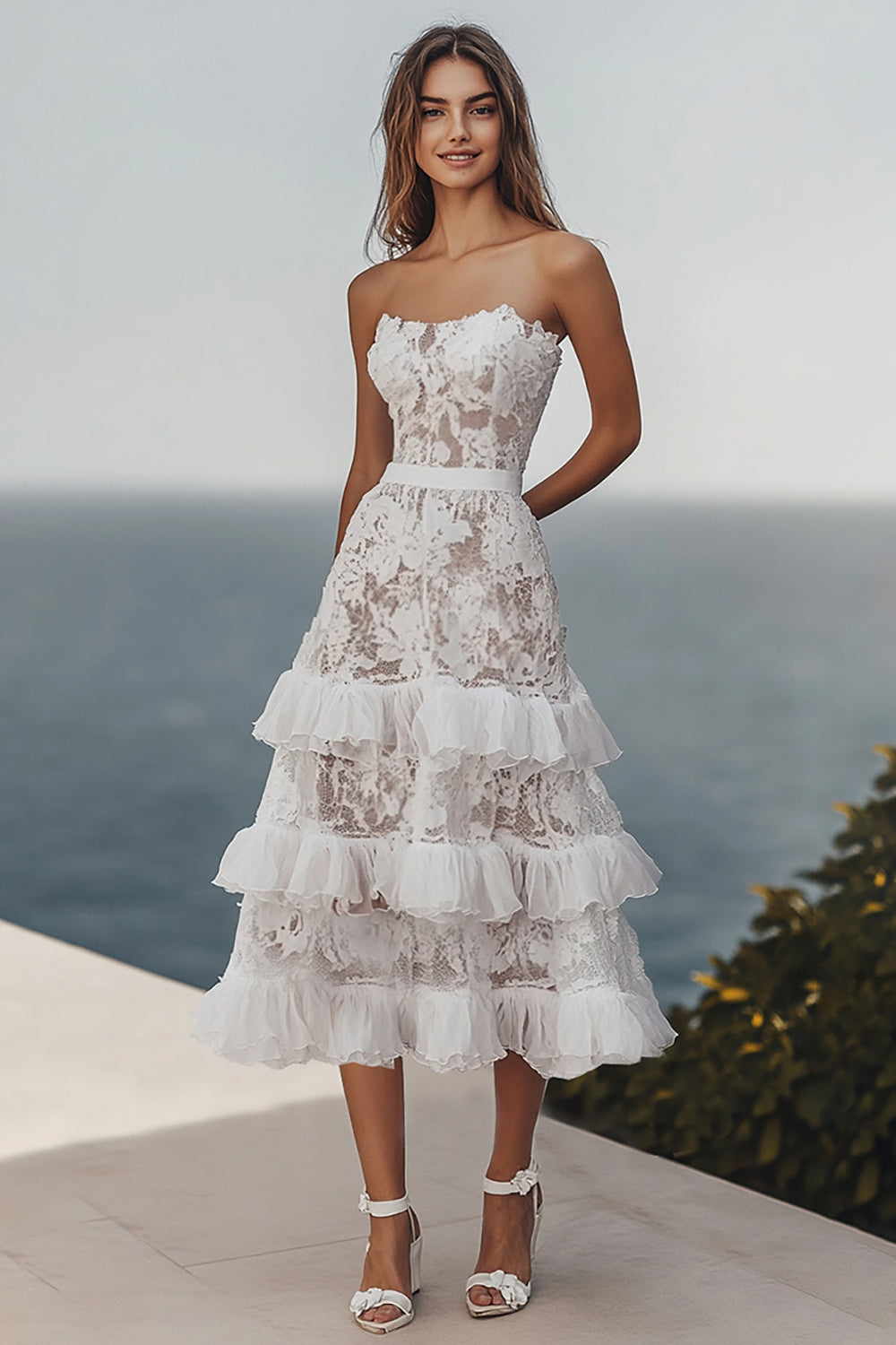 Leely Women Ivory Beach Lace Maxi Wedding Reception Dress A Line Strapless Tiered Engagement Dress with Ruffles